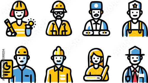Labor Day Professions Icon Set. A vector collection of diverse American workers for holiday and business graphics