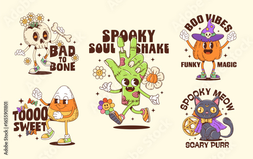 Halloween groovy characters stickers and t shirt prints. Cartoon vector retro skeleton, pumpkin, zombie hand, candy corn and black cat spooky y2k personages. Fun and playful patches for kids apparel