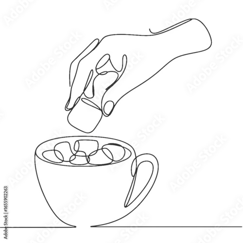 Hand putting a marshmallow in hot chocolate, a cozy winter drink in a continuous one-line drawing, isolated on a transparent background
