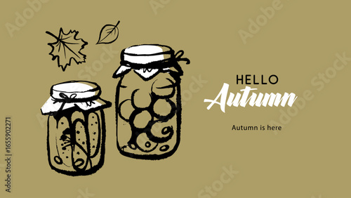 Whimsical sketch jars of fermentation preserves with autumn leaves, nostalgia harvest season. hand drawn vector illustration.