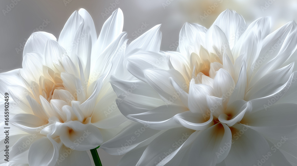 Fototapeta premium Two pristine white flowers with delicate petals, side by side. Their beauty is further enhanced by the soft light.