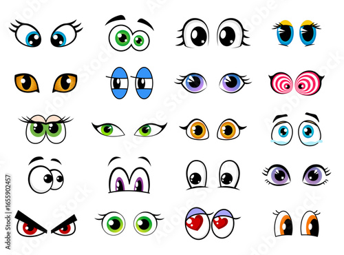 Cartoon character eyes for comic cute face and funny smiles, vector facial mascot icons. Cartoon eyes with eyelashes and emotions or expressions, happy, angry and crying tears or in love hearts or sad