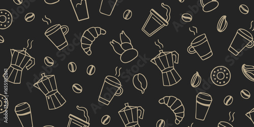 coffee shop seamless pattern vector with hot cups beans donuts croissants moka pots capsules dark background packaging