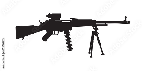vector illustration of mounted machine gun silhouette with tripod and linked ammunition belt military defense icon