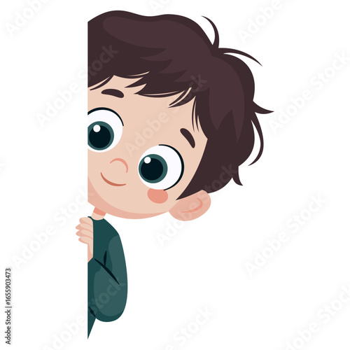 Flat vector illustration in a simple children's style. A cute little boy peeks out from behind a wall on a white background. Vector illustration