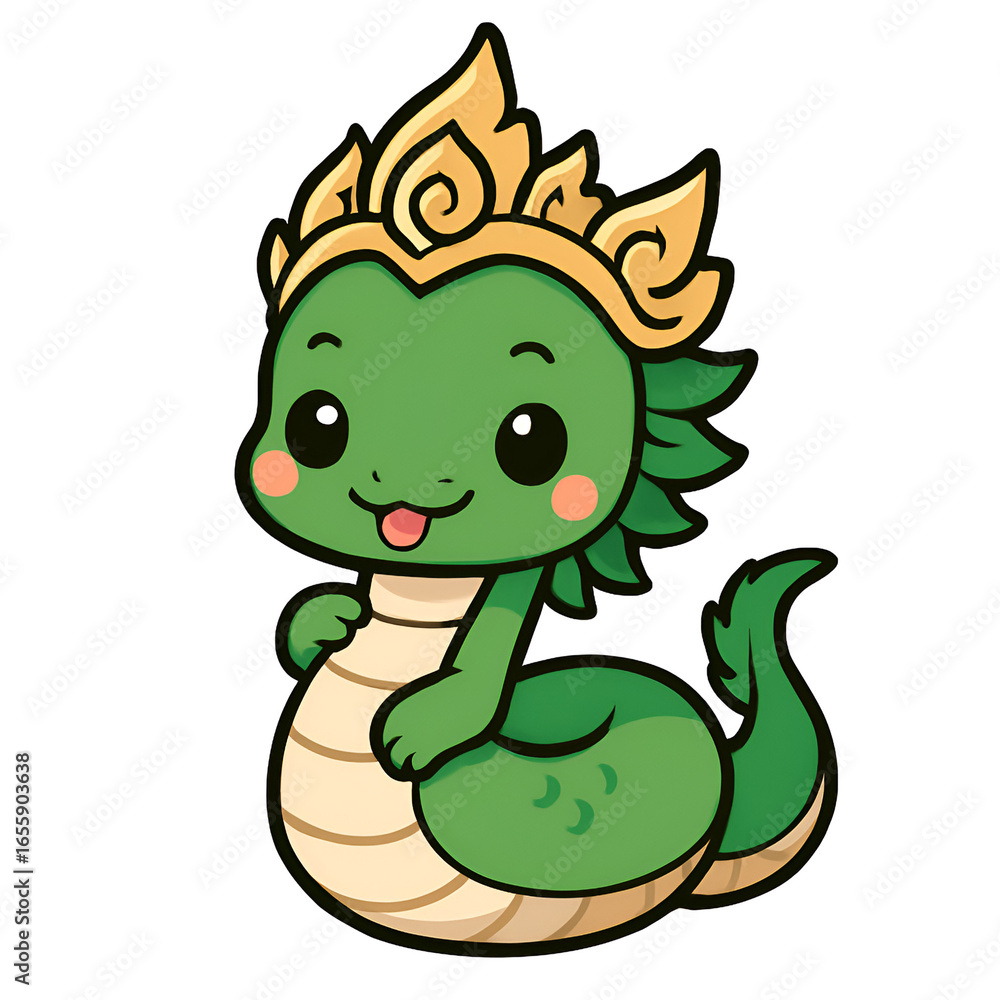 Fototapeta premium Charming cartoon Naga dragon wearing golden crown, perfect for design projects and branding