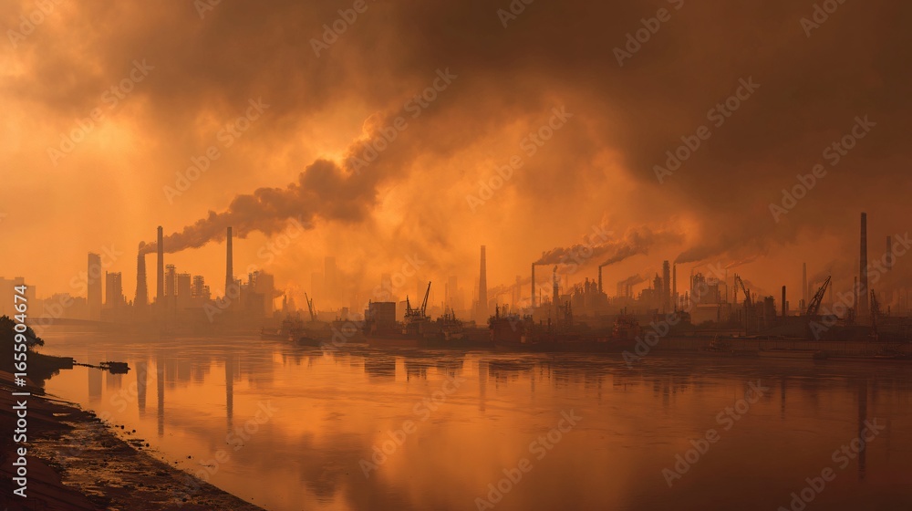 Fototapeta premium Industrial cityscape reflected in a calm river, shrouded in orange-tinged smog at dawn.