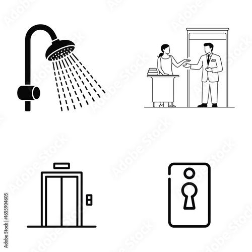 Hotel business service icons set with line art vector design  