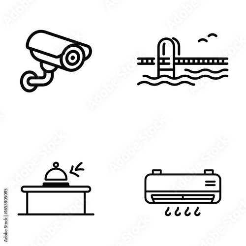 Hotel business service icons set with line art vector design  