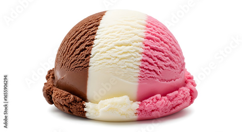 A delicious neapolitan ice cream scoop featuring chocolate, vanilla, and strawberry flavors isolated on white background