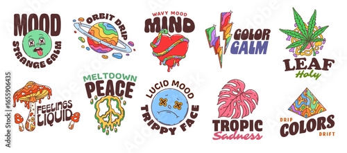 Cartoon y2k hippie groovy stickers. Vector psychedelic set featuring abstract expressive faces, liquid textures, trippy elements and surreal typography with dreamy, distorted and emotional retro vibe