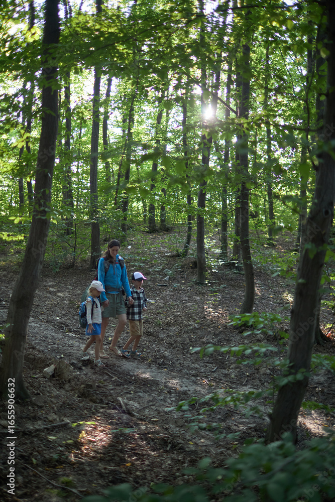 Mother and children hiking in the forest Mother and children hiking in the forest