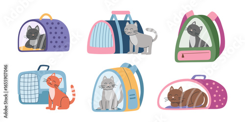 A set of cats and carriers. Concept of travel with pet. Illustration of cats sitting in the carrier or nearby it. Vector flat clipart.	