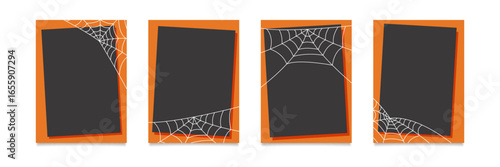 Set of Halloween greeting cards cliparts. Halloween concept backgrounds. Vector flat black and orange blank posters with spiderwebs.