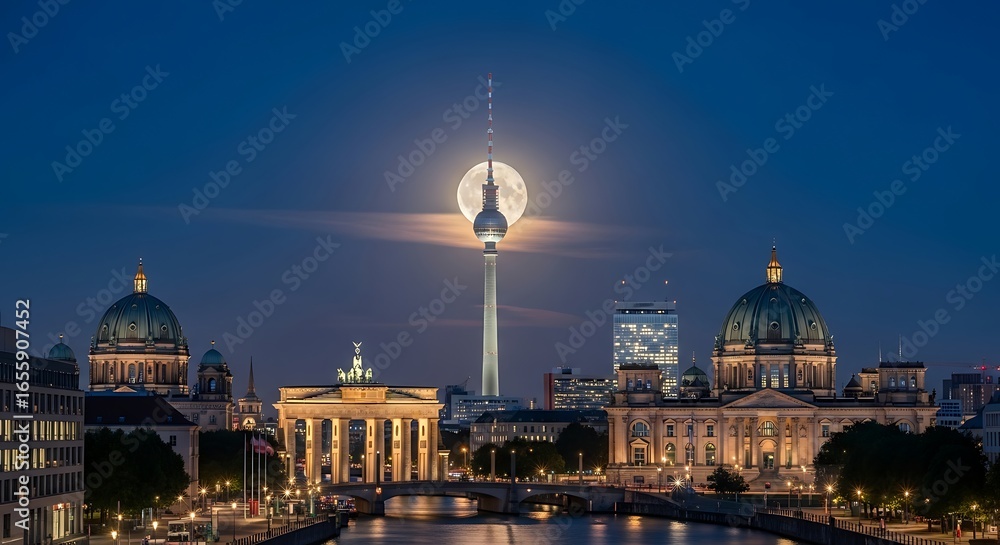Fototapeta premium Berlin Skyline at Night with Moon.