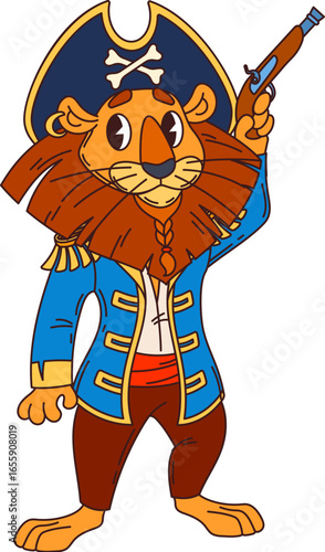 Cartoon funny African lion animal pirate and corsair character. Isolated vector playful naval captain personage holding pistol gun, ready for the swashbuckling adventures and battles on the high seas