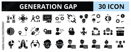 30 Generation Gap Glyph Icons Vector - Diversity, Disparity, Gap, Transformation, Attitude, Respect, Conflict, Change