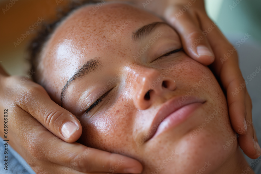 Naklejka premium Close-up of a peaceful young woman with freckles receiving a relaxing facial massage with closed eyes