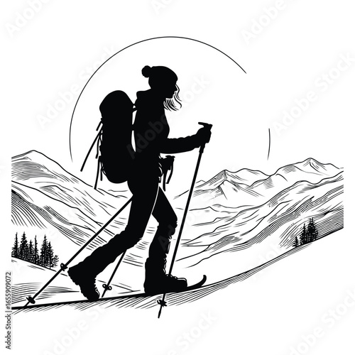 Silhouette of a woman hiking in the mountains