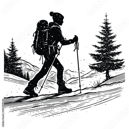 Silhouette of a woman hiking in a snowy landscape