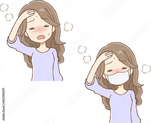 Long wavy-haired woman with fever feeling unwell (upper body)