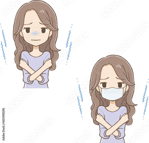 Long wavy-haired woman shivering from cold with and without mask (upper body)