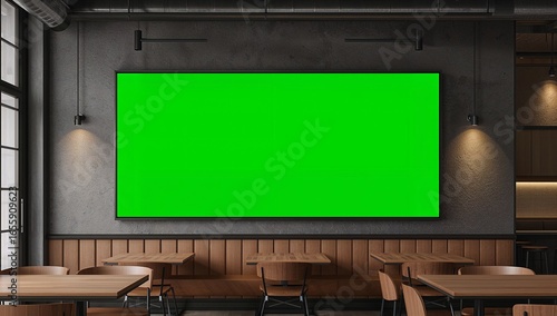 A large, bright green screen displays prominently in a trendy, dimly lit restaurant.