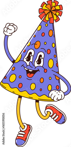 Cartoon groovy birthday holiday character of party hat cap, vector emoji. Funny groovy birthday party cone hat with psychedelic crazy face and happy smile for kids cute cheerful comic character