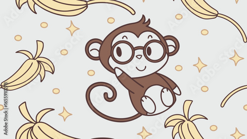 seamless floral pattern, cute monkey, and banana