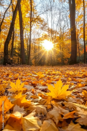 Golden maple leaves falling on an autumn forest floor with warm sun rays