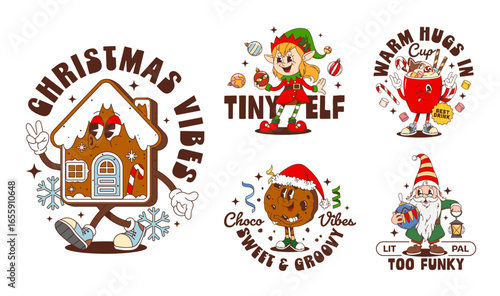 Christmas groovy characters label stickers and t shirt prints vector set featuring funky gingerbread house, elf, cookie, hot drink and gnome with retro typography. Vector holiday and festive patches