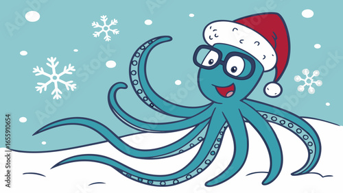 Blue Christmas cartoon illustration with a funny octopus wear Christmas hat and wear glasses, light blue background