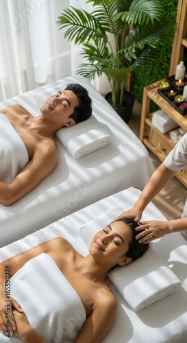 A serene couple enjoys a rejuvenating head massage at a luxurious wellness spa, finding a peaceful escape and ultimate relaxation together, fostering a sense of tranquil harmony
