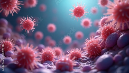 Pink microorganisms and bacteria in 3D, detailed scientific illustration with realistic textures and blue background, high resolution, 4K	
