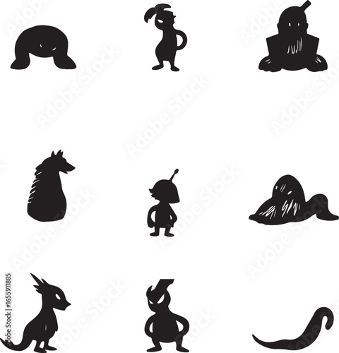 Various silhouettes of fantasy or alien creatures