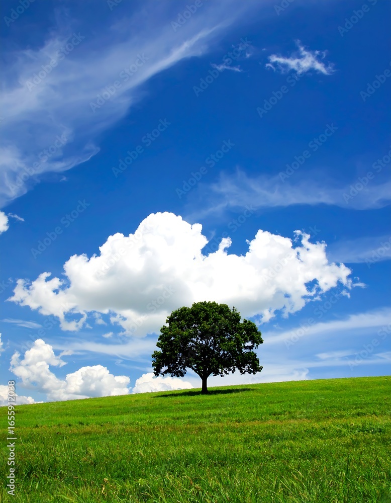 Obraz premium Single tree on a grassy hill under a blue sky