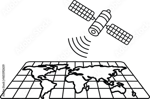 Satellite orbiting earth above a world map grid