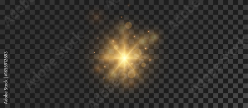Sun, star, gold, light, illustration, yellow create bright ray. PNG summer sunlight shines in Overlay with transparent glow. Gold burst PNG perfect for hot weather, design, and art visuals.
