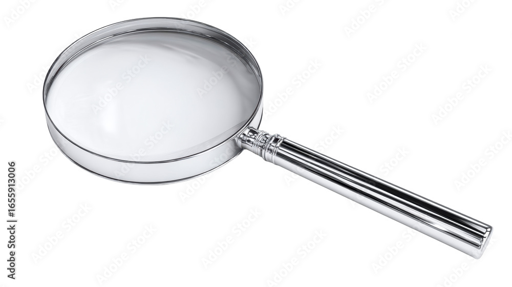 Chrome Magnifying Glass with Clear Glass Lens on White Background, cut out transparent Chrome Magnifying Glass with Clear Glass Lens on White Background, cut out transparent