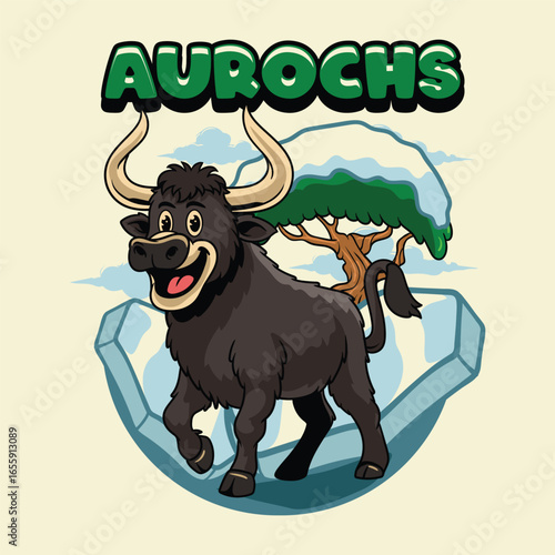 Black Aurochs extinct animal in Cartoon sticker Illustration