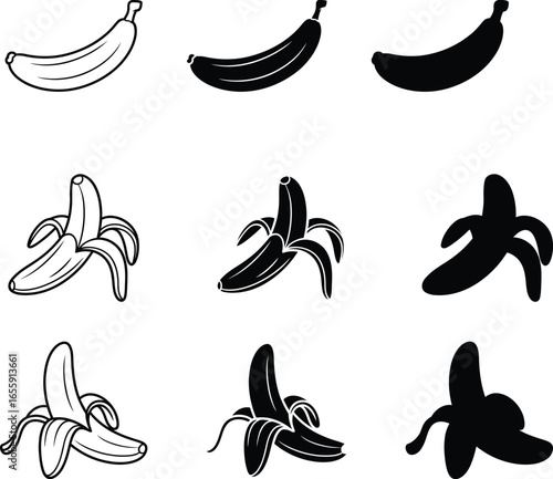 Collection of hand drawn banana illustrations in various stages of peeling