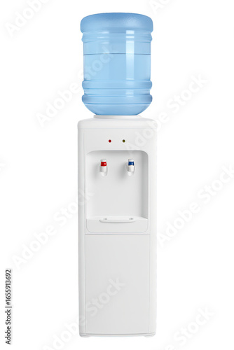 Modern water cooler standing with blue water jug on top.