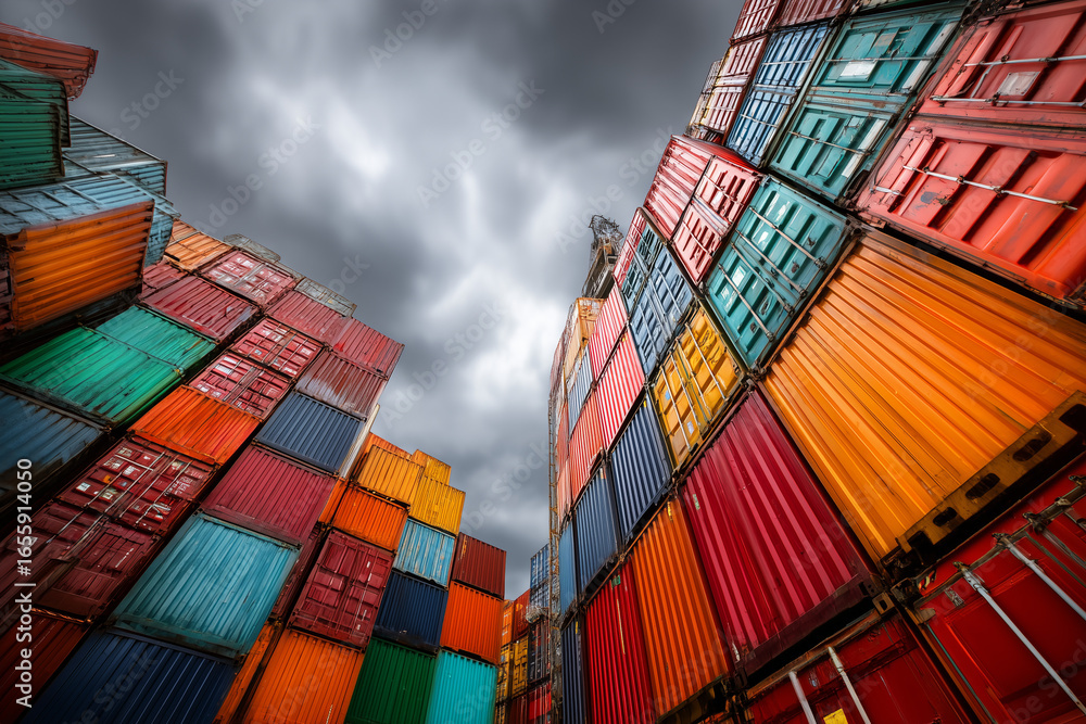 Fototapeta premium Colorful stacked shipping containers under dramatic cloudy sky in busy industrial port