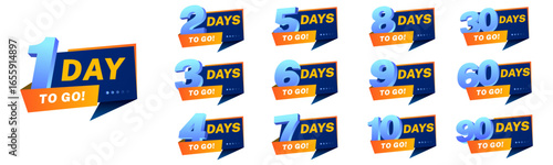 day to go banner design template. vector icon for promotion, ads, holiday, discount, sale. 1,2,3,4,5,6,7,8,9,10,30,60,90 day to go. isolated on white.
