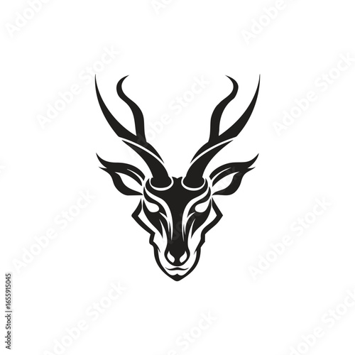 Stylized black deer head with antlers logo on white background