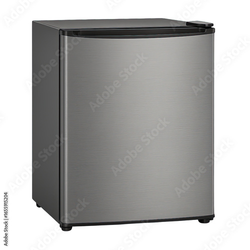 Compact stainless steel mini fridge for modern living spaces.