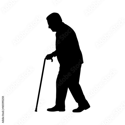 silhouette of an elderly person walking with a cane, senior health concept