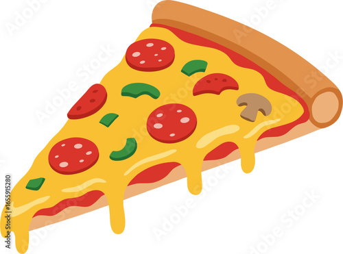 Delicious slice of pepperoni, mushroom, and pepper pizza with dripping cheese