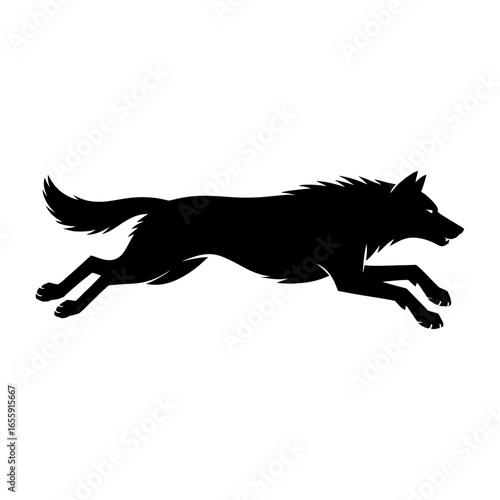 silhouette of a wolf running at full speed, wild animal in motion