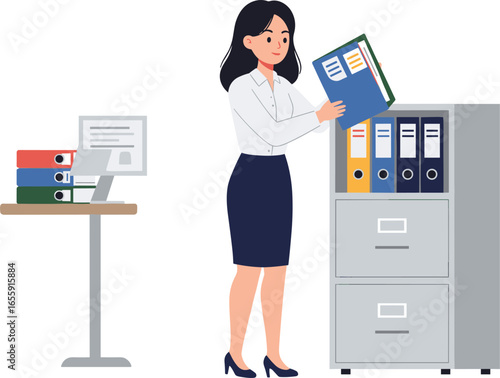 Organized businesswoman filing documents in modern office, efficient workflow concept